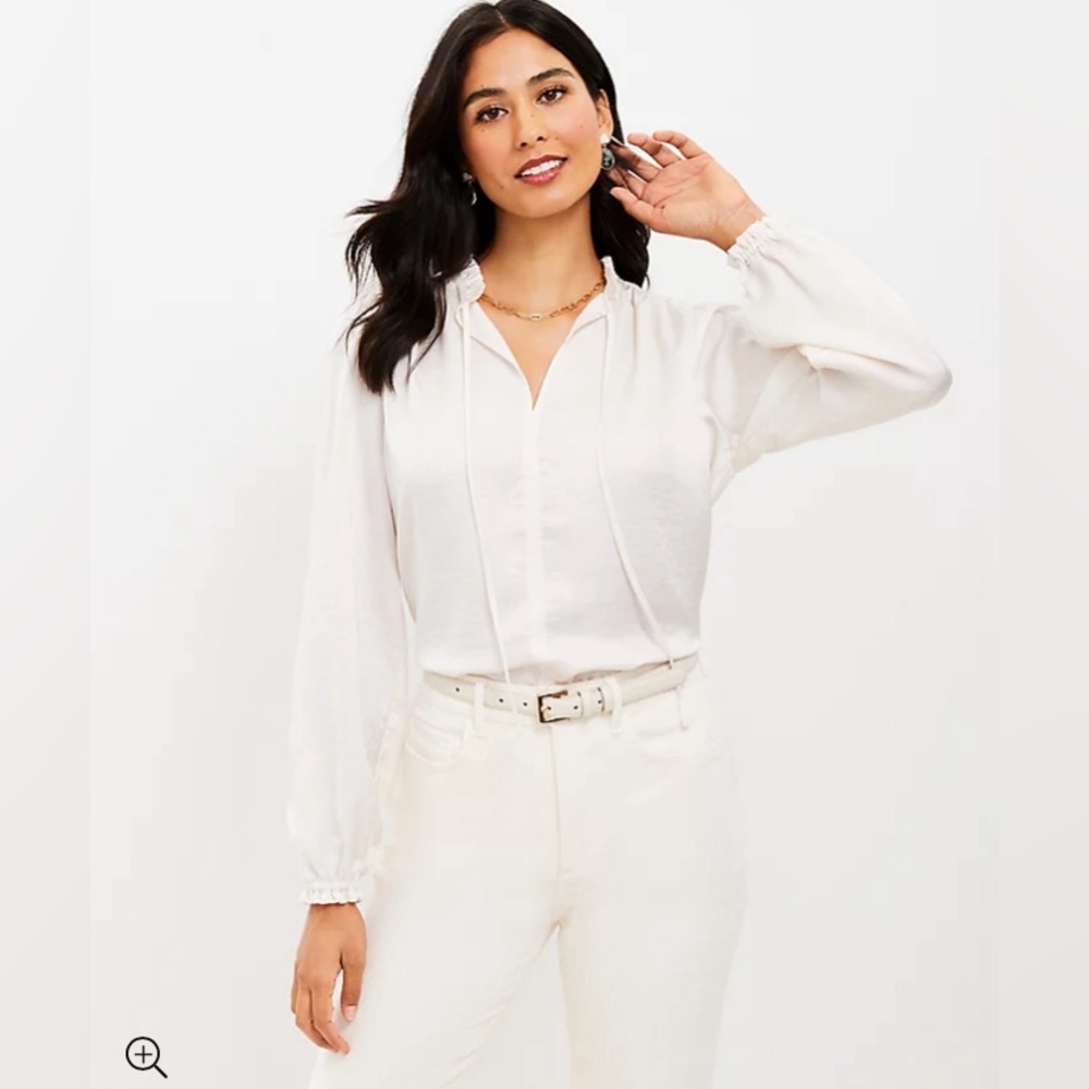 LOFT NWT Ruffle Tie Neck Mixed Media‎ Blouse - Ivory